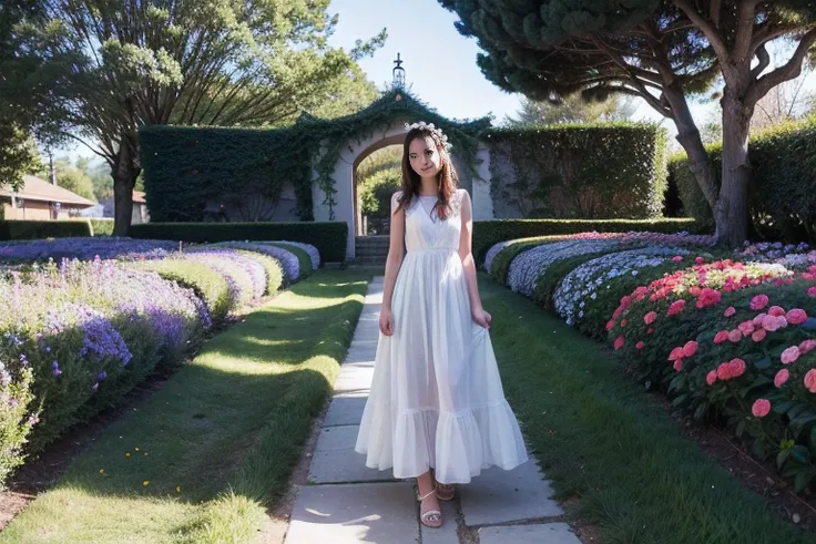 in a beautiful garden, una hermosa joven camina con un vestido corto con tirantes, camina descalza por la hierba, small flowers ...