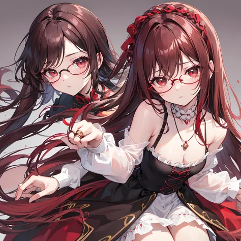 Reddish brown braided hair，With thick black-framed glasses，The eyes are very affectionate，With a cute black ring necklace，Lolita clothes in brown and red colors，The face is shiny and super tender，is a petite cute little sweet girl