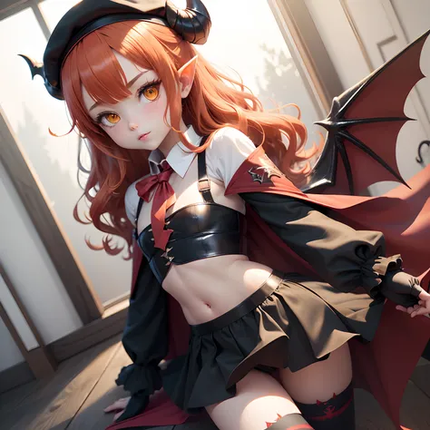 masutepiece, Best Quality, 1girl in, Solo, Yellow eyes, Red hair, tiny chest, Demon Girl, demon tail, Demon Wings, small demonic horns, pointy ear, (tiny chest), Twin-tailed, Bat hair ornament, Cape, White shirt, White legwear, stuffed toy, plushies, beret...