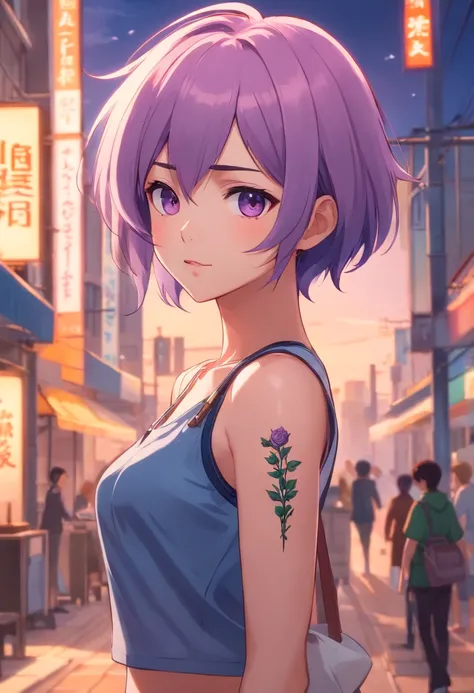 anime girl with a unique and memorable appearance. She has short, spiky lavender hair that gives her a somewhat rebellious look. Her eyes are a captivating shade of amethyst, often sparkling with curiosity. Meis style is a mix of alternative and gothic fas...