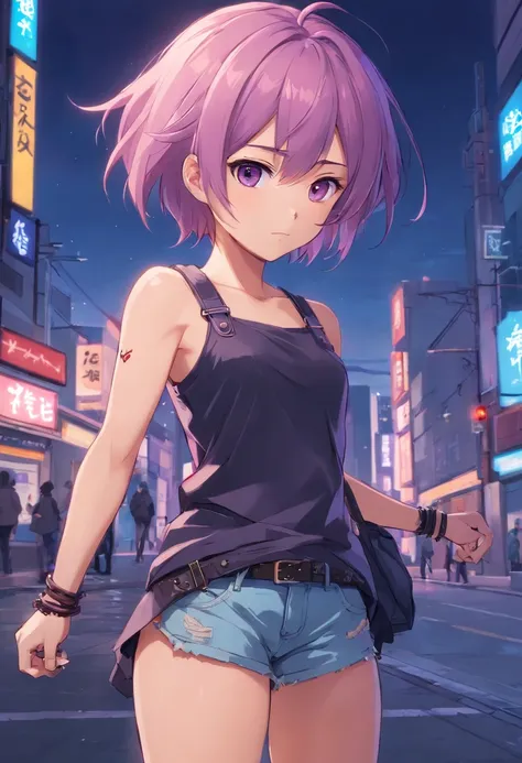 anime girl with a unique and memorable appearance. She has short, spiky lavender hair that gives her a somewhat rebellious look. Her eyes are a captivating shade of amethyst, often sparkling with curiosity. Meis style is a mix of alternative and gothic fas...