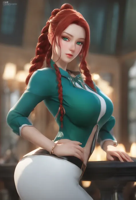 anime big breast, has cleavage, A closeup of a woman ((red braided low ponytail hair)) and (((the most beautiful green eyes))) In (((blue attire))), (((Determined)), 8K, Unreal Engine 5, rendering by octane, author：Kyun, gamang, Yoon Gon-Ji, G.ho, gosonjak...