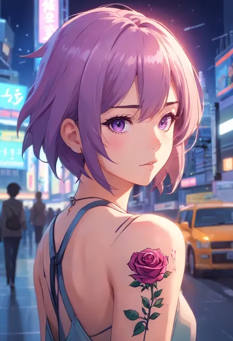 anime girl with a unique and memorable appearance. She has short, spiky lavender hair that gives her a somewhat rebellious look. Her eyes are a captivating shade of amethyst, often sparkling with curiosity. Meis style is a mix of alternative and gothic fas...