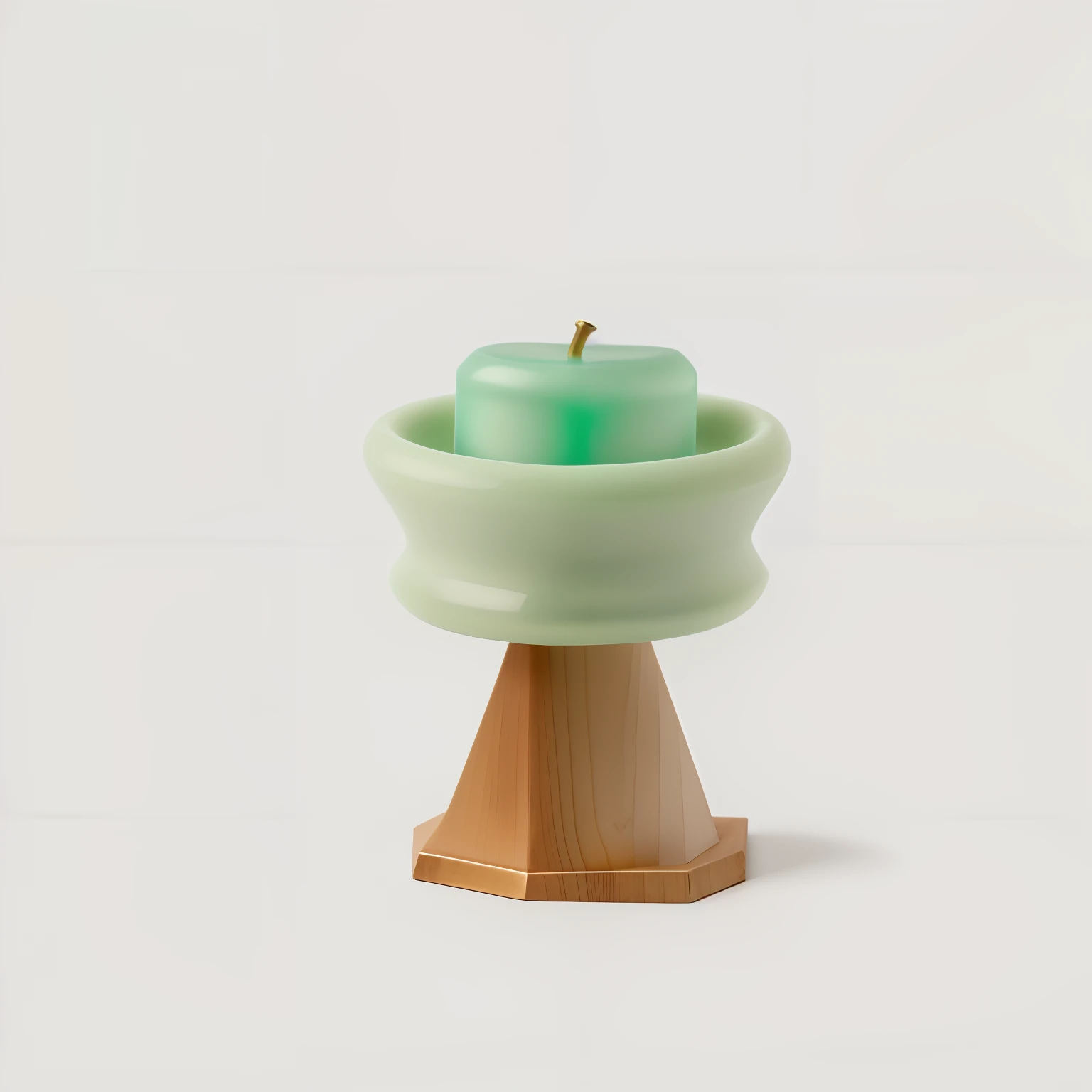 On the wooden shelf is a small green candle, holding a candle holder, on a candle holder, with celadon glaze, Candle, cone, pillar,, celadon glaze, close-up product photo,  Product photo, high quality product photo,