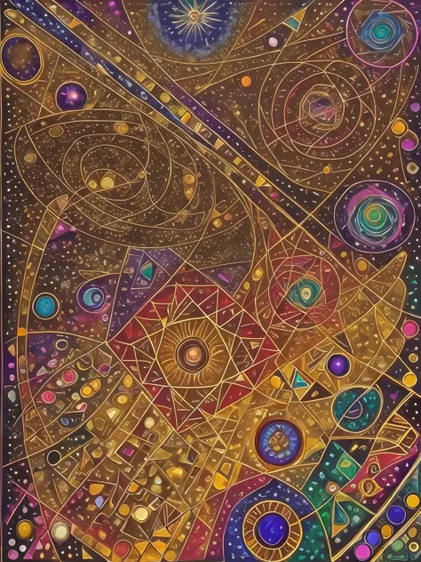 Photography HD paint of subtle energies that connects everything in the universe, warmhole and radhiestesia symbols  emitter  pointillism technique with triangular geometric electronic circuits pattern, the painting is Kandinsky style  Brown gamma color an...