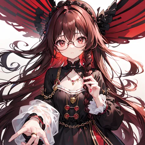 Reddish brown braided hair，With thick black-framed glasses，The eyes are very affectionate，With a cute black ring necklace，Lolita clothes in brown and red colors，The face is shiny and super tender，is a petite cute little sweet girl