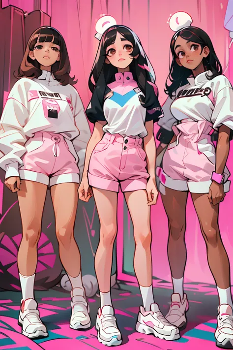 K-pop inspired fancy and cute video scene with a group of (multiple girls), (4girls) aesthetic in cute clothes, (the 1st girl is a cute black dark tan brown skin short black girl with long fluffy curly hair), (the 2nd girl is a ordinary tall girl with blac...