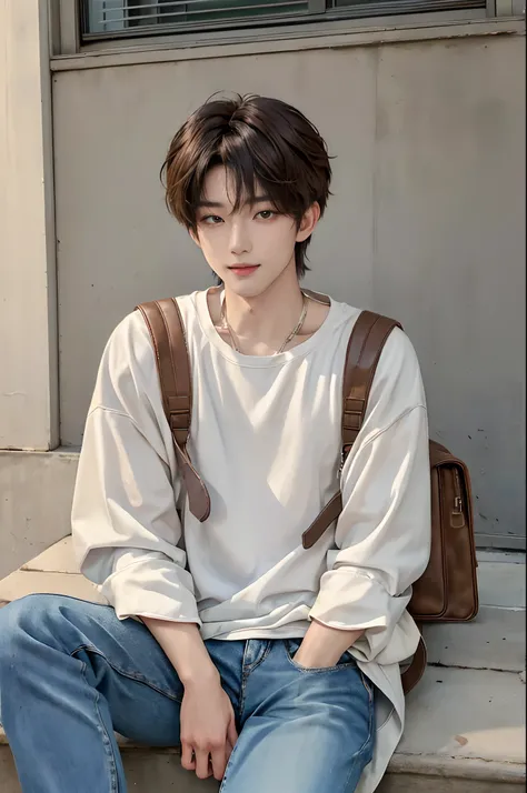 ((4K works))、​masterpiece、（top-quality)、((high-level image quality))、((One Manly Boy))、Slim body、((Jeans Fashion))、((Mens Fashion))、((Carry a backpack and phone in hand))、(Detailed beautiful eyes)、In a fashionable city、Sitting on the curb and listening to ...