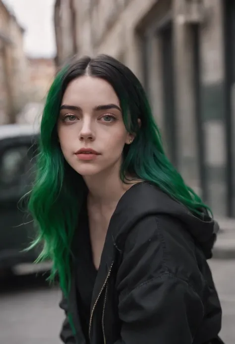 Beautiful girl looks like Billie Eilish, sexy Figur, sexy Pose, Hot clothes, green and black hair, beauty face, walking through a city