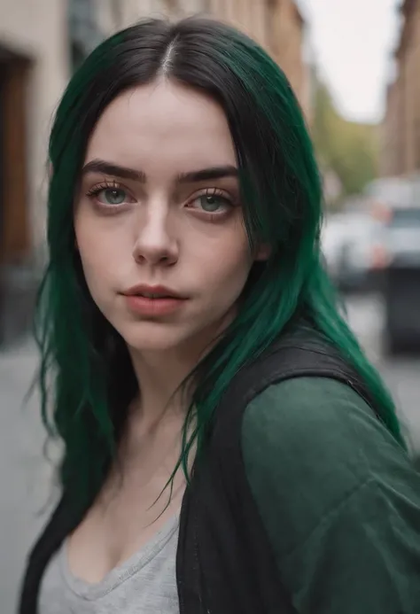 Beautiful girl looks like Billie Eilish, sexy Figur, sexy Pose, Hot clothes, green and black hair, beauty face, walking through a city