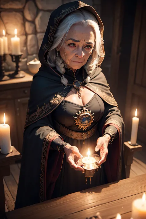 a high-definition, high-realism image of an elderly woman, com a pele desgastada e com roupas velhas com longos cabelos grisalhos e encaracolados, Wear a dark cloak adorned with magical symbols. She must be standing in front of an antique wooden table, cov...