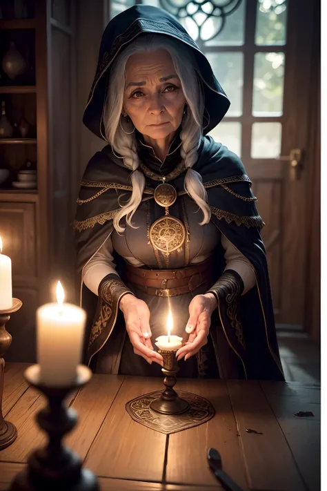 a high-definition, high-realism image of an elderly woman, com a pele desgastada e com roupas velhas com longos cabelos grisalhos e encaracolados, Wear a dark cloak adorned with magical symbols. She must be standing in front of an antique wooden table, cov...