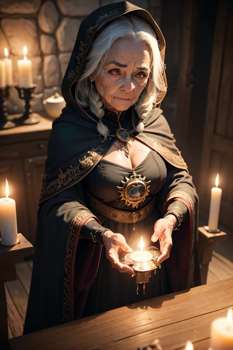 a high-definition, high-realism image of an elderly woman, com a pele desgastada e com roupas velhas com longos cabelos grisalhos e encaracolados, Wear a dark cloak adorned with magical symbols. She must be standing in front of an antique wooden table, cov...