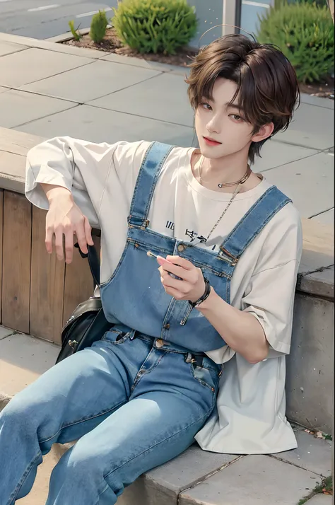 ((4K works))、​masterpiece、（top-quality)、((high-level image quality))、((One Manly Boy))、Slim body、((Jeans Fashion))、((Mens Fashion))、((Holding a backpack and mobile phone in hand))、(Detailed beautiful eyes)、In a fashionable city、Sitting on the curb and list...