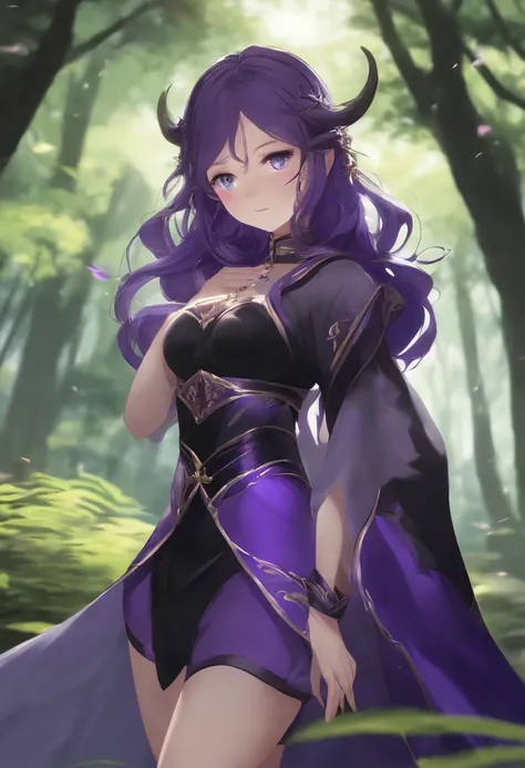 Anime girl in a purple and black costume standing in front of a forest, Keqing de Genshin Impact, Zhongli de Genshin Impact, Heise Jinyao, Impacto de Ayaka Genshin, Anime Moe Artstyle, Negro - Mago de pelo, Fanart de Demon Slayer Rui, Ayaka Game Genshin Im...