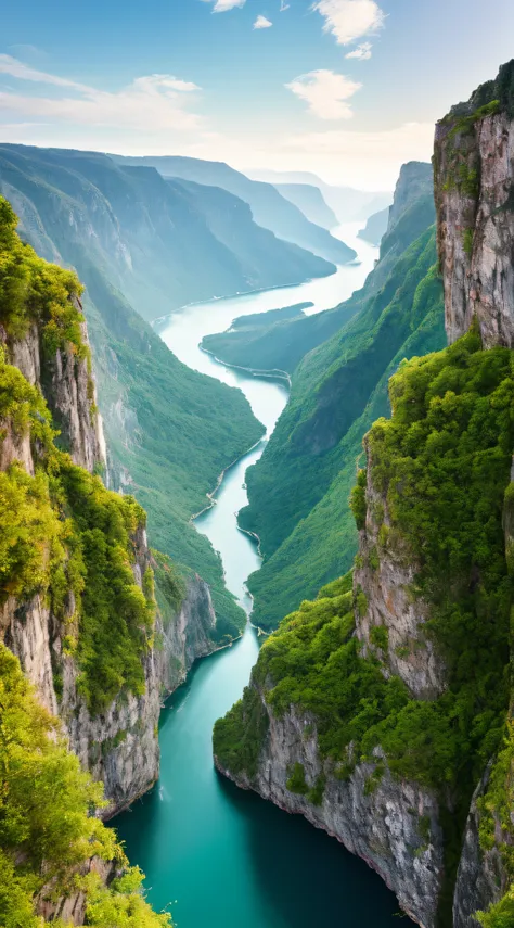 Masterpiece, ultimate quality, Cg unity 8k wallpaper, super delicate, beautiful sky and clouds, rich natural scenery, cliffs, lakes and rivers, waterfalls and flying water, beautiful green mountains, no trace of people, excellent scenery, has already won a...