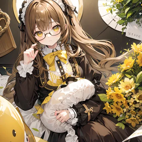 Light yellowish brown hair，With thick black-framed glasses，Lolita clothes in yellow-brown and pale green colors，The face is shiny and shiny，It is a cute and cute loli