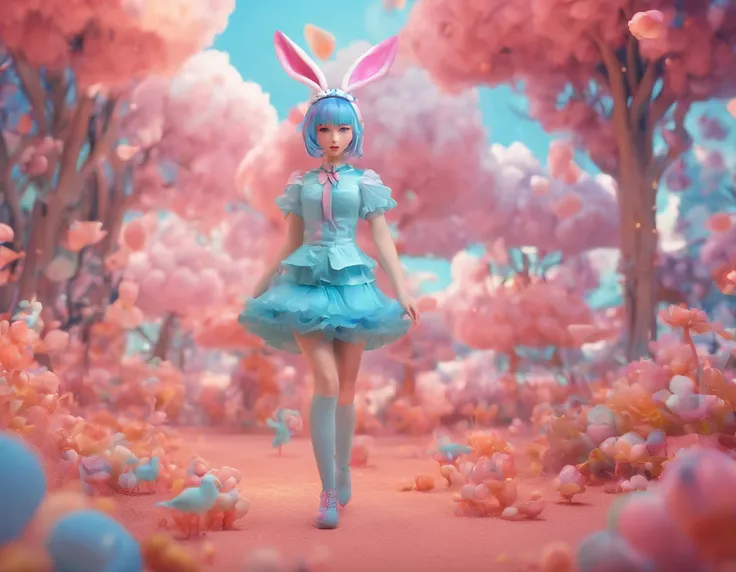 A girl, Tiffni blue hair, Tiffni blue hair, short hair, (with metallic rabbit ears headband: 1.2), full body, (delicate features: 1.5), wearing a dreamy surrealist frilly skirt, the color of the skirt is Tiffni blue and pink gradient, there are pink marshm...