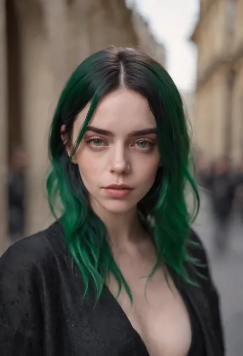 Beautiful girl looks like Billie Eilish, sexy Figur, sexy Pose, Hot clothes, green and black hair, beauty face, walking in paris