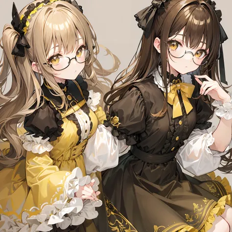 Light yellowish brown hair，With thick black-framed glasses，Lolita clothes in yellow-brown and pale green colors，The face is shiny and shiny，It is a cute and cute loli