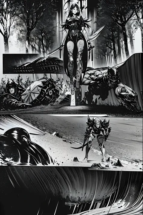 Comic storyboard:1.8, comic strip_layout,young woman transforming into a fully armed female warrior, holding a long sword, fighting against monsters， anatomy correct，metall armour，Sci-fi, fantasy, Horror, Skulls on the ground, Blood, Tornado, empire, Tangl...