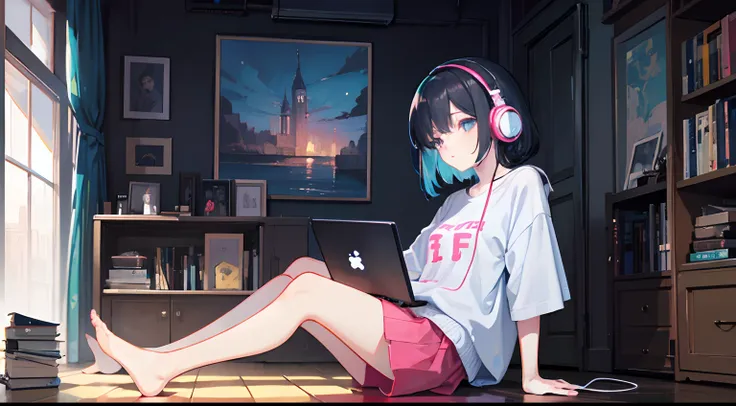 Anime girl sitting on laptop table with headphones, lofi-girl, Praise Artstyle, Lofi art, lofi vibes, lofi feel, lofi hip hop, lofi, chillhop, lofi girl aesthetic, lofi portrait, Lofe Vibe, lofi color, anime vibes, Loepfes aesthetics