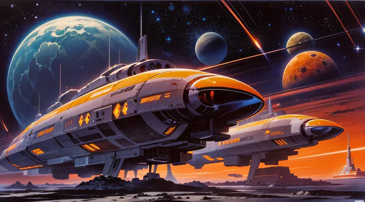 retro-future style art similar to artist chris foss, large spaceship, deep dark space, alien planets, moons, shooting stars