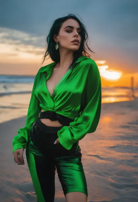 Beautiful girl looks like Billie Eilish, sexy Figur, sexy Pose, Hot clothes, green and black hair, beauty face, at the beach