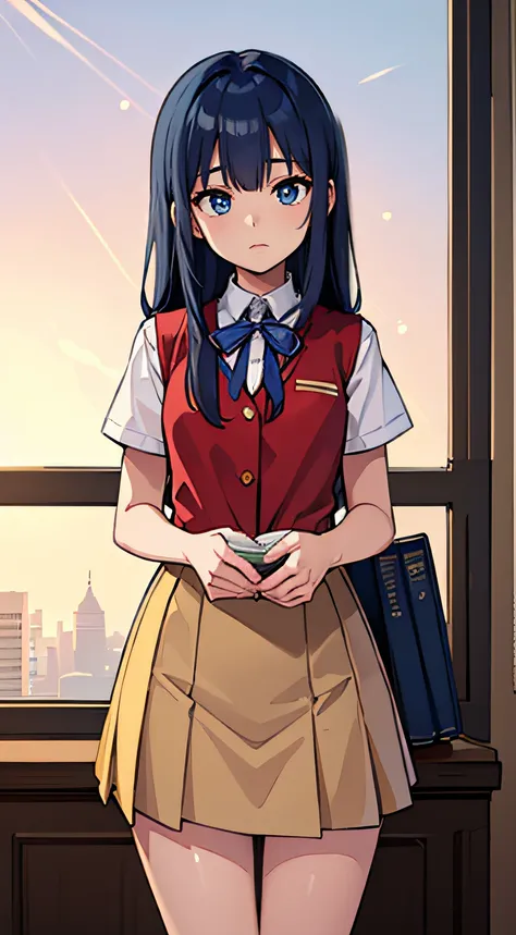 ((Masterpiece, Top Quality)), (Solo), distant view, narrow eyes, blue-colored hair, tips bouncing outward, flat chest, waist-length hair, flat chest, slim thighs, leaning against bookshelf, sleeping, calm mind, school uniform, red vest, beige skirt, long w...