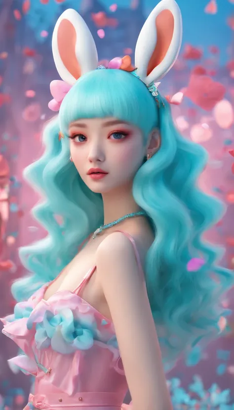 A girl, Tiffany blue hair, Tiffany blue hair, Short hair, (With metal rabbit ear headband: 1.2), full bodyesbian, (Exquisite features: 1.5), Put on fantastic clothes, Surrealist frilled skirt, The color of the dress is Tiffany blue and pink gradient, There...