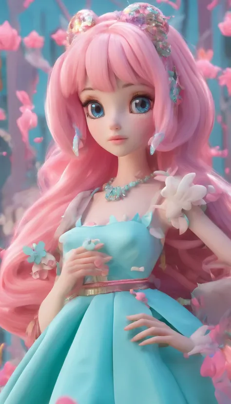 A girl, Tiffany blue hair, Tiffany blue hair, Short hair, (With metal rabbit ear headband: 1.2), full bodyesbian, (Exquisite features: 1.5), Put on fantastic clothes, Surrealist frilled skirt, The color of the dress is Tiffany blue and pink gradient, There...