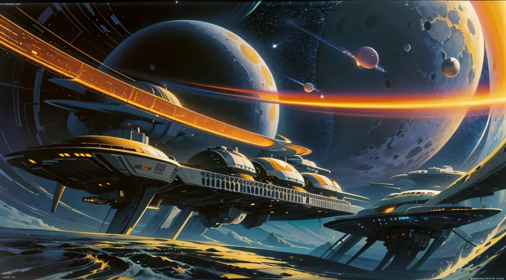 retro-future style art similar to artist chris foss, large spaceship, deep dark space, alien planets, moons, shooting stars