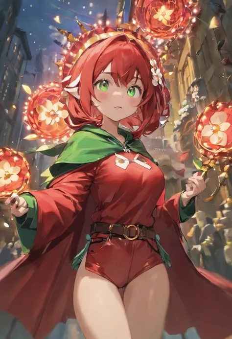 (masutepiece, Best Quality, 8K:1.37),  ((teens girl, Wear a red cloak, Wearing a red hood, White flower hair ornament, Green Bikini, Leather shorts, Belt bag, Round green eyes, Light brown medium hair:1.4)), ((Follow the Big Red Wolf)),  1 girl, Wavy Hair,...