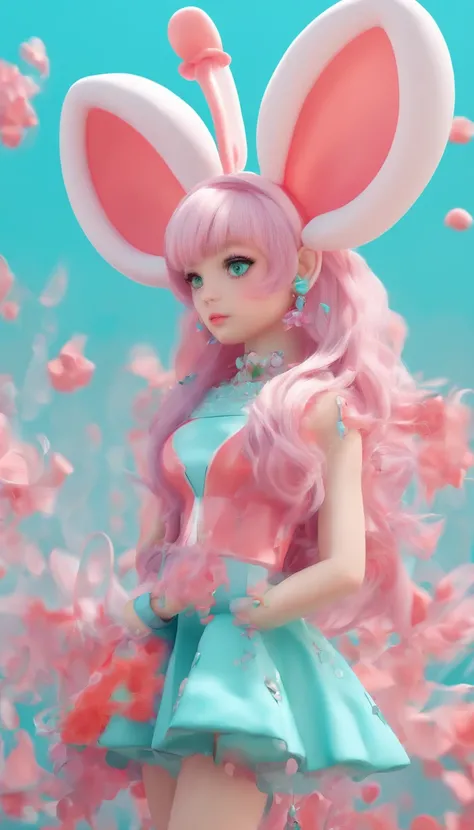 A girl, Tiffany blue hair, Tiffany blue hair, Short hair, (With metal rabbit ear headband: 1.2), full bodyesbian, (Exquisite features: 1.5), Put on fantastic clothes, Surrealist frilled skirt, The color of the dress is Tiffany blue and pink gradient, There...