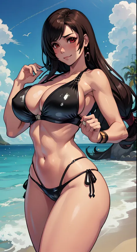 (best quality:1.3), (qualidade 4K), Tifa por final famtasy vii, sozinho, sorrir, ((Rosto detalhado)), ((body curvy)), (peitos grandes), corpo sexy, ((Latex pine bikini )), ((Praia))