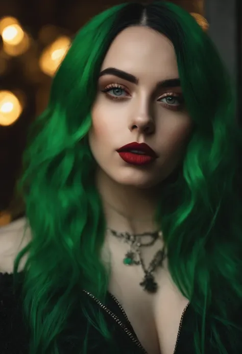 Beautiful girl looks like Billie Eilish, sexy Figur, sexy Pose, Hot clothes, green and black hair, beauty face, beim einkaufen