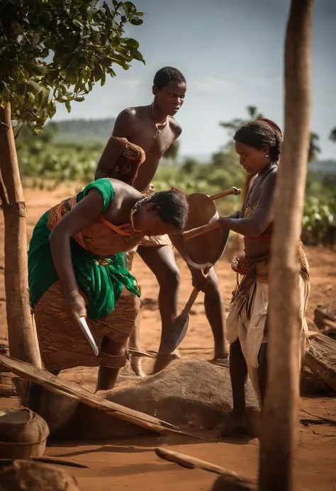 Imaginez un tableau vivant du quotidien dans un village Bara dans le Sud de Madagascar, imbued with the essence of their culture and harmony with nature. At the heart of this scene, des guerriers Bara, des hommes guerrier Africains, forts, are preparing fo...