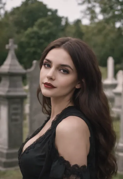 Girl of approximately 19 years sign of scorpio vibes, Morbid gothic clothes and intimidating look and confident smile, cabelos longos negros ondulados, cemetery background