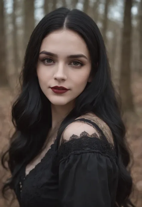 Girl of approximately 18 years old scorpio vibes, morbid gothic clothes and intimidating look and confident smile, long wavy black hair, cemetery background, very dark black hair