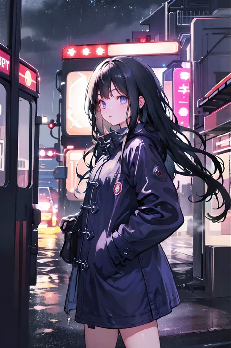 1 girl, night city, rain, coat, hands in pockets