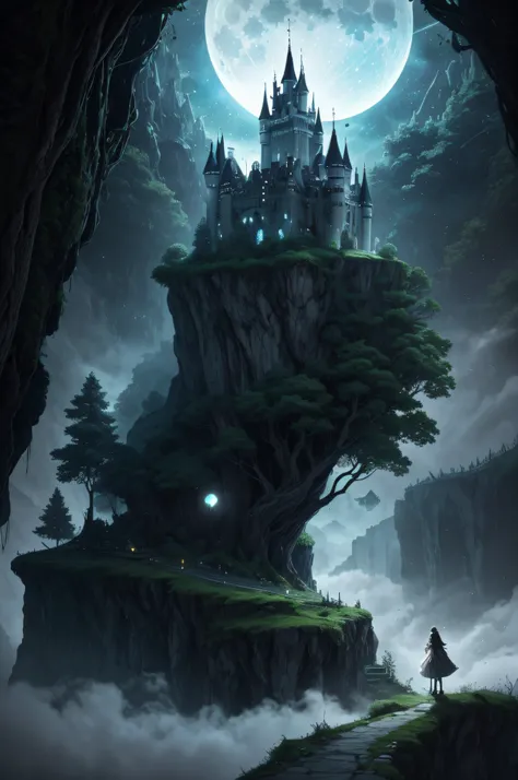 Look up，（Moon Night），（Oversized fantasy skeleton fortress：1.4），（（Castle on the cliff）），tree branch，Lots of branches，greenish tinge，green color，fog atmosphere，dark cloude，swirles，Mysterious and dark，blood vess，uncanny，fog atmosphere，dense fog，opaque，streame...