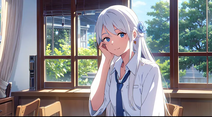 Masterpiece, best quality, 1girl, solo, very long hair, white hair, blowing hair, Blue flower hair ornament, earrings, light blue eyes, white shirt, blue necktie, sit, look at viewer, light smile, hand on cheek, evening, window, classroom background