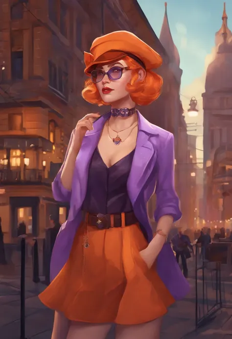 1girl, solo, yorigami joon, orange hair, drill hair, eyewear on head, orange eyes, jewelry, bow, white dress, purple jacket, pendant, earrings, hat, standing, hand on hip, looking at viewer, one eye closed, smirk, outdoors, city