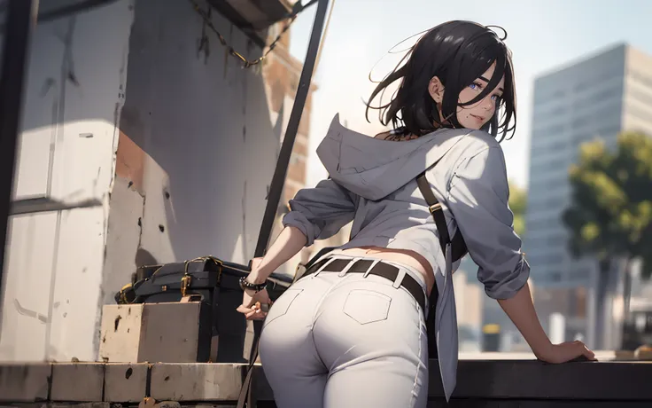 izumi_nase, short hair, black hair, purple eyes, jewelry, neckalce, blurry, ass, 1girl, depth_of_field, solo, blurry_background,...