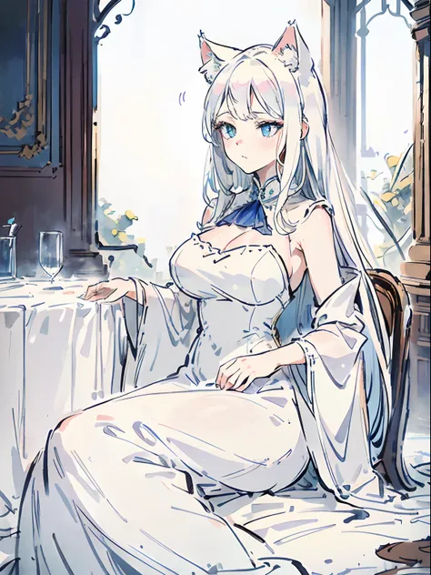 1woman, long white hair, blue eyes, cat ear, no expressions, feel tired, fed up, languid, medium breast, wearing elegant white dress, beautiful, graceful, formal pose, sit on chair,