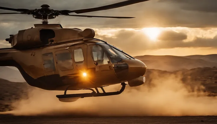 helicopter landing, dramatic sunset lighting, intense action, powerful rotors spinning, precise landing gear, detailed cockpit, brave pilot, rugged terrain, dusty winds, dynamic motion blur, highres, vivid colors, professional photography style, strong dia...