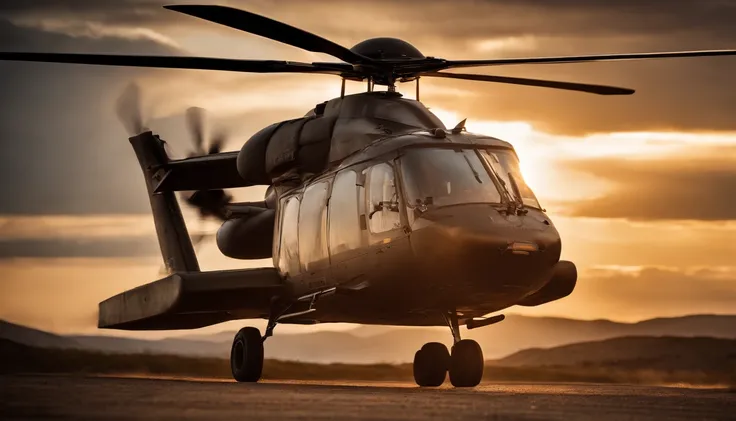 helicopter landing, dramatic sunset lighting, intense action, powerful rotors spinning, precise landing gear, detailed cockpit, brave pilot, rugged terrain, dusty winds, dynamic motion blur, highres, vivid colors, professional photography style, strong dia...