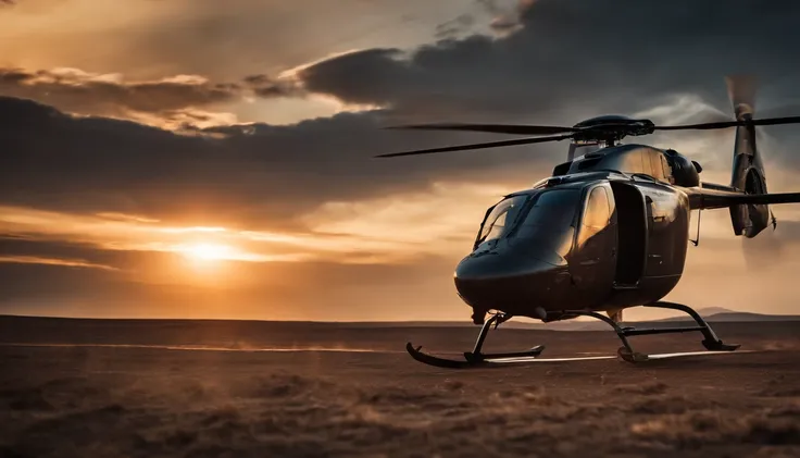 helicopter landing, dramatic sunset lighting, intense action, powerful rotors spinning, precise landing gear, detailed cockpit, brave pilot, rugged terrain, dusty winds, dynamic motion blur, highres, vivid colors, professional photography style, strong dia...