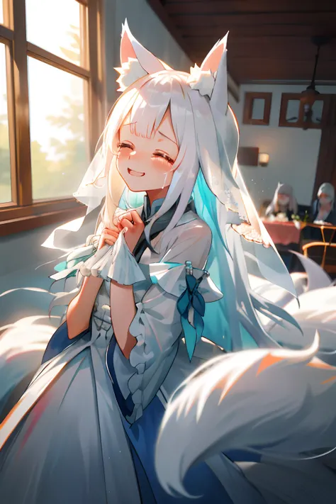 One girl with long hair and white blouse, white hair, closed eyes, tears, crying, smiling, mouth open, indoor, wedding dress, bridal veil, fox ears, fox tails