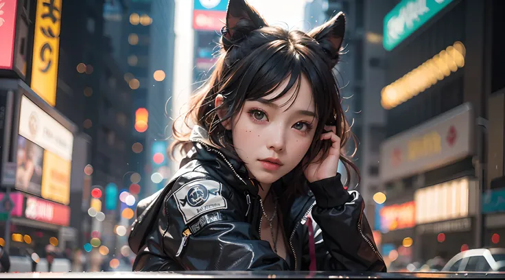 Beautiful hyper-realistic photo of a cute Asian cyberpunk girl, Bunte Cyberpunk-Kleidung tragen, cluttered Blade Runner background, Dynamische Pose, Konzeptzeichnung, von Brian Froud und Carne Griffiths und Wadim Kashin und John William Waterhouse, Kompliz...